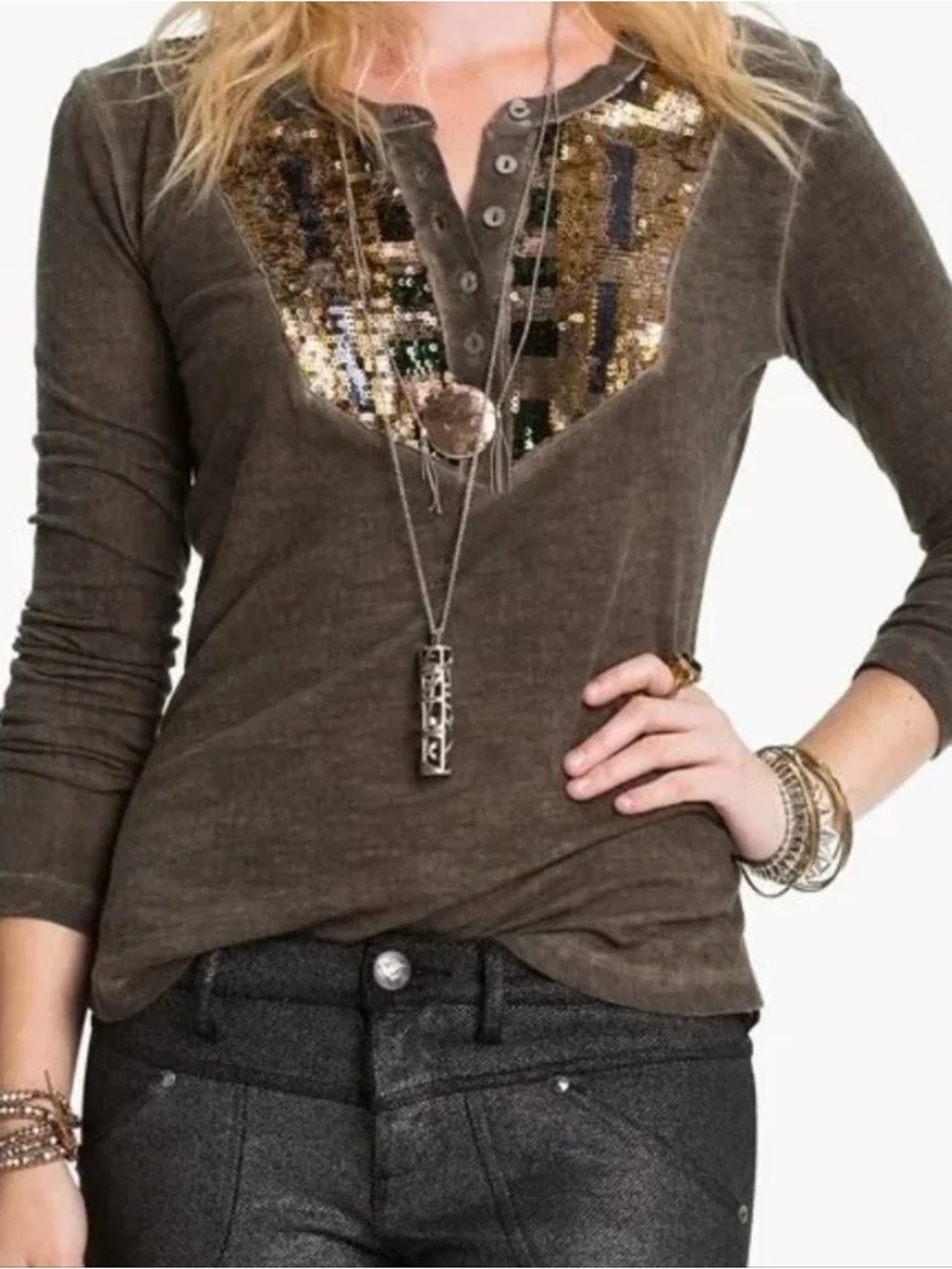 Free people Sequin-Trim Henley Long-Sleeve Top - Brown
